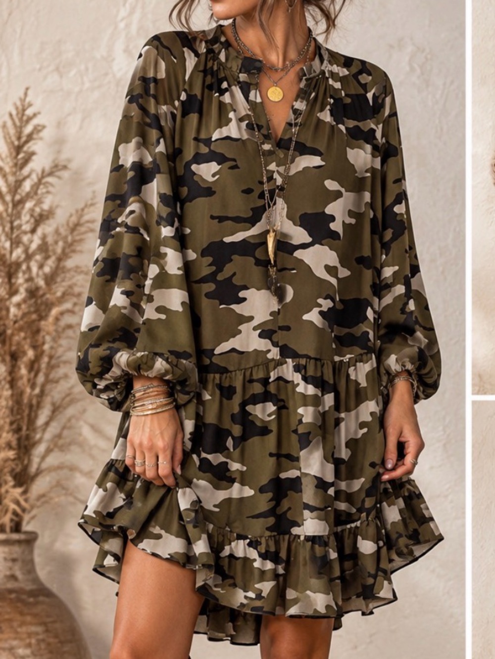 Banana Republic Olive Camo Ruffle Tiered Mini Dress